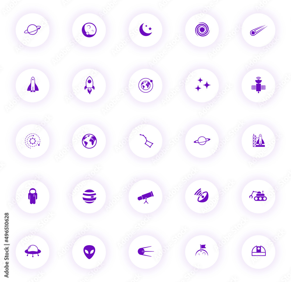 Poster space purple color vector icons on light round buttons with purple shadow. space icon set for web, m