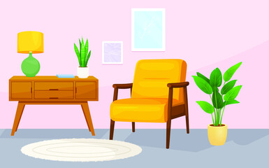 living room interior with furniture, sofa, window, table, shelves with books and home flowers, floor lamp. flat cartoon vector illustration
