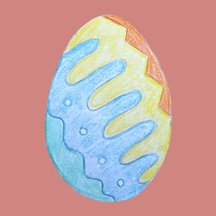 Easter egg with a pattern. Drawing with colored pencils by hand. Abstraction. Isolate. On a coral orange rad background.