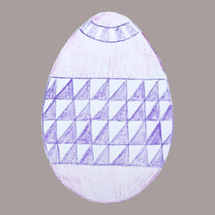 Easter egg with a pattern. Drawing with colored pencils by hand. Abstraction. Isolate. On a Gray background.