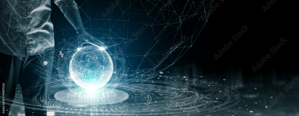 Leinwandbilder businessman touching circle global network connection and data exchanges on dark background,Communication and technology concept.Business networking customer, Science, Innovation,future.