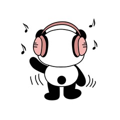 Cute panda listens to music on headphones. Hand drawn vector black and white icon. Modern style illustration for apparel, print, labels, stickers, surface design. White background.