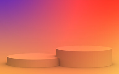3d yellow orange and purple neon light cylinder podium minimal studio gradient colors background. Abstract 3d geometric shape object illustration render. Display for summer holiday product.