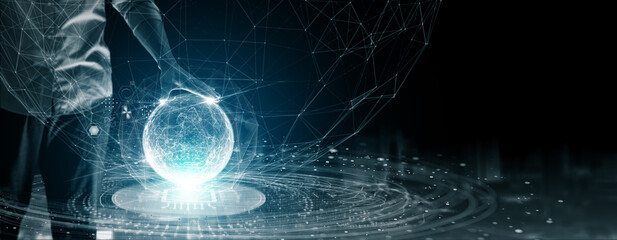 businessman touching circle global network connection and data exchanges on dark background,Communication and technology concept.Business networking customer, Science, Innovation,future.