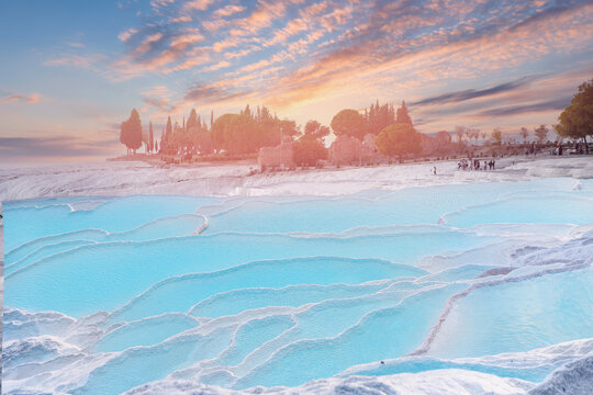 Natural travertine pools pool blue water and terraces in Pamukkale Turkey banner