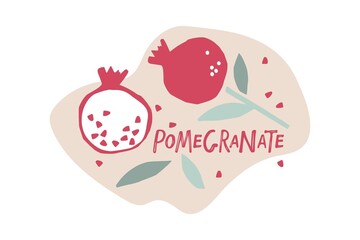 Pomegranate Fruit with leaves, hand drawn doodle sketch isolated. Flat vector Food template for nursery design, sticker, logo, diet concept, farmers market. Whole fruit and cut half, slice.