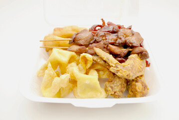 Take-Out Order of a Pupu Platter - Boneless Ribs, Fried Chicken Wings, Chicken on a Stick, Chicken Tenders, and Crab Rangoons