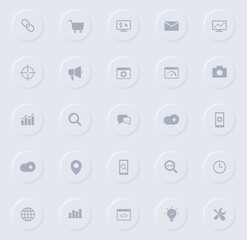 seo gray vector icons on round rubber buttons. seo icon set for web, mobile apps, ui design and promo business polygraphy
