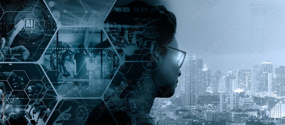 Poster Global industry concept.Manager Ai Technical Industrial Woman Engineer working and control robotics with monitoring system Automation robot arm software and icon industry network connection on tablet.