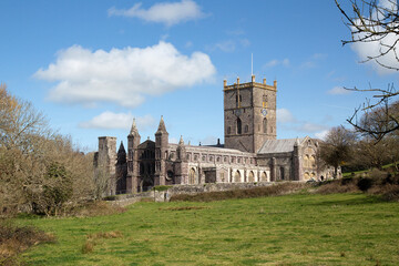 St Davids Cathedral. Pembrokeshire, Wales. The cathedral was founded by Saint David of Menevia who died in 589.
