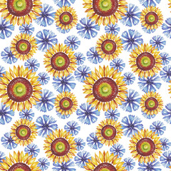 Sunflower and cornflowers. Watercolor pattern