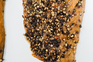 Hot smoked Scottish mackerel fillets with cracked black peppercorns