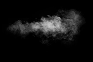 Fototapeta na wymiar Swirling, wriggling smoke, steam, isolated on a black background for overlaying on your photos. Fragment of horizontal steam