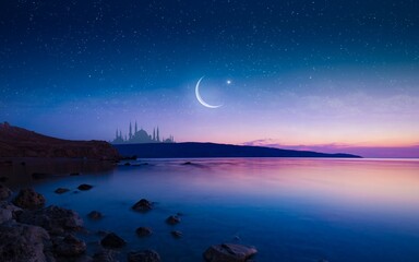 Ramadan religious background with bright crescent, stars and mosque reflected in serene sea. Month...