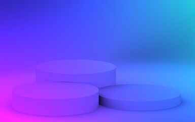 3d purple blue neon light cylinder podium minimal studio gradient dark colors background. Abstract 3d geometric shape object illustration render. Display for nightclub party and technology product.