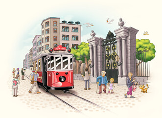 Taksim tram turkey istanbul historical places ancient city Cartoon