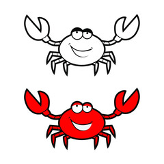 Crab character smiling with big claws on white.