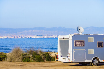 Satellite dish on roof of caravan - obrazy, fototapety, plakaty