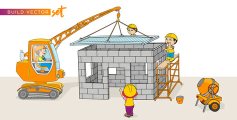 Construction crane mortar machine ladder woman man wheelbarrow cartoon vector set