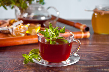 Cup of herbal mint tea with dry herbs on the tray.