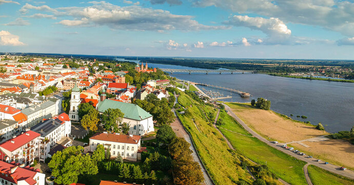 Plock, Poland - August 12, 2021. Aerial view of city in Summer
