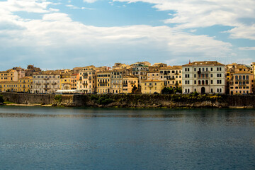 corfu city port and houses view from ship greece
