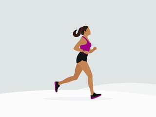 Female character in sportswear running in winter