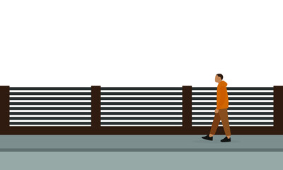 Male character walking along the sidewalk along the fence on a white background