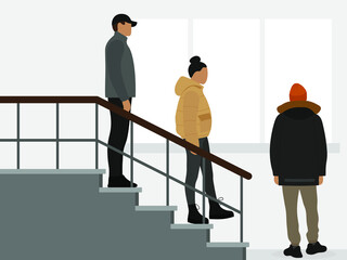 Female character and two male characters in warm clothes together on the staircase