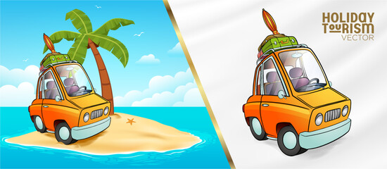 	
retro car suitcase bag umbrella palm island sea sky cloud vacation tourism vector