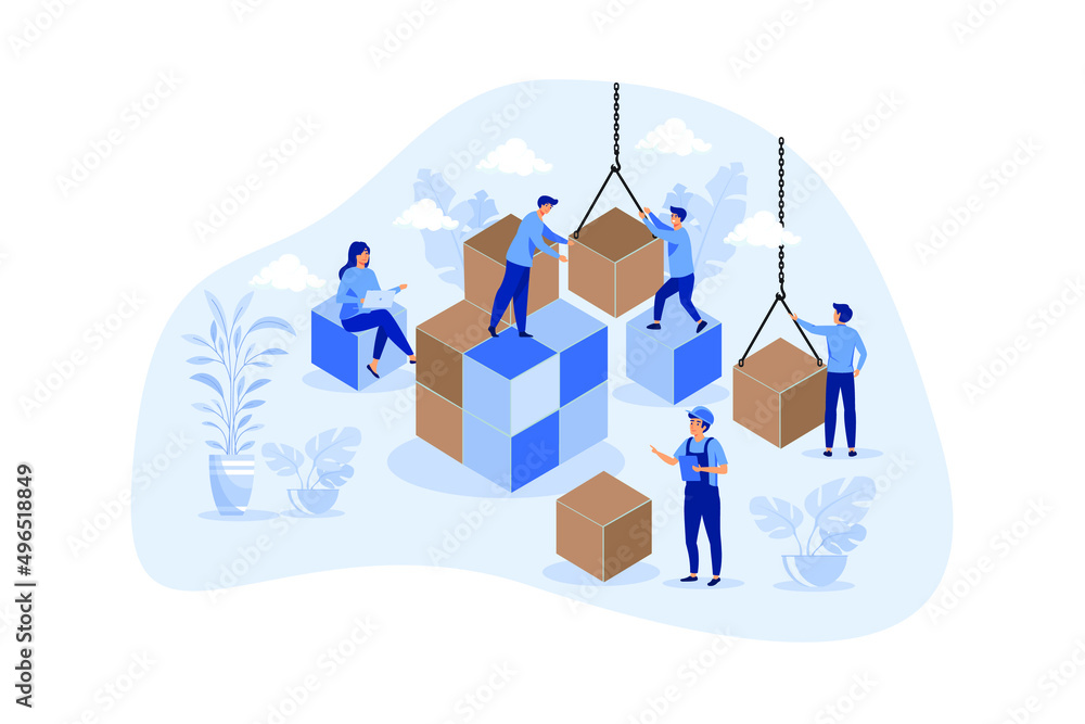 Poster solving problem and difficult work teamwork assemble tiny persons concept. effective business soluti