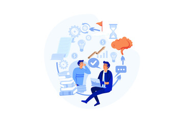 Fototapeta na wymiar Creativity as business development and innovations flat person collection set. Elements with corporate teamwork and writing new ideas for company growth vector illustration. Professional skills items.