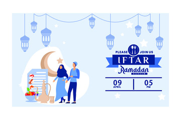 Blue flat design Iftar party celebration \nflyer concept illustration. Sweet Dates, Fanous Lantern and Arabic coffee mug. Islamic Holy Month, Ramadan Kareem. Typography template for text