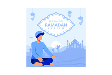 happy ramadan mubarak greeting concept with people character for web landing page template, banner, presentation, social, and print media. islamic eid fitr or adha flat design vector illustration.