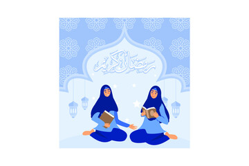 Reading the holy Quran flat design concept. Women reading the Quran in the month of Ramadan, Muslims reciting verses. Can use for web landing page, banner, ui. Vector Illustration