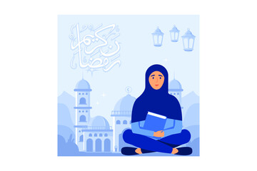 Reading the holy Quran flat design concept. Women reading the Quran in the month of Ramadan, Muslims reciting verses. Can use for web landing page, banner, ui. Vector Illustration