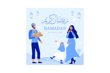 Iftar Eating After Fasting feast party concept. Moslem family dinner on Ramadan Kareem or celebrating Eid with people character. web landing page template, banner, presentation, social or print media	