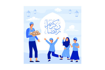 Iftar Eating After Fasting feast party concept. Moslem family dinner on Ramadan Kareem or celebrating Eid with people character. web landing page template, banner, presentation, social or print media	