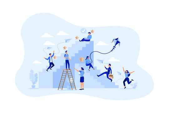 Self Growth And Personal Development Progress Stages Flat Person Concept. Reaching For Career Goals And Success Vector Illustration. Ambition Ladders And Potential Accomplishment Vision For Future.