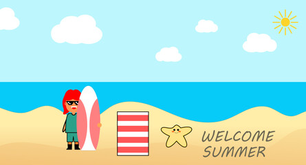 Welcome summer vector banner template. Welcome typography with tropical beach landscape. Beach background with girl standing with surf board. Vector illustration.