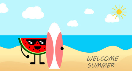 Welcome summer vector banner template. Welcome typography with tropical sunny beach landscape. Beach background with watermelon mascot standing with surf board. Vector illustration.