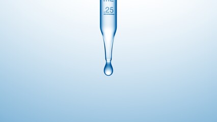 Macro shot of graduated lab dropper with clear transparent liquid on pale blue background |...