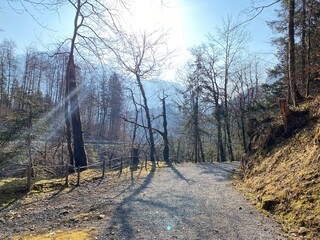 Trails for walking, hiking, sports and recreation around the Kl&ouml;ntalersee reservoir lake (or Kloentalersee) and on the slopes of the Kl&ouml;ntal alpine valley - Canton of Glarus, Switzerland (Schweiz)