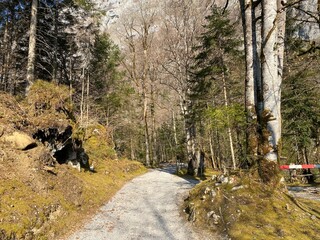 Trails for walking, hiking, sports and recreation around the Klöntalersee reservoir lake (or Kloentalersee) and on the slopes of the Klöntal alpine valley - Canton of Glarus, Switzerland (Schweiz)