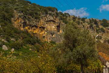 DALYAN, MUGLA, TURKEY: Lycian tombs carved into the rock in the ancient city of Kaunos.