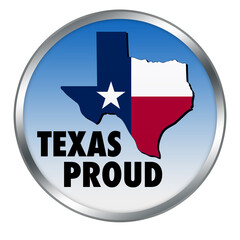 .Texas Proud with state map shape and flag in a round button illustration