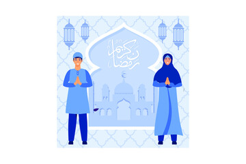 happy ramadan mubarak greeting concept with people character for web landing page template, banner, presentation, social, and print media. islamic eid fitr or adha flat design vector illustration.	
ha