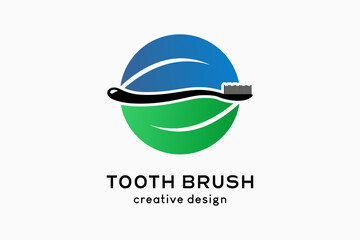 Toothbrush logo design, silhouette of a toothbrush blended with leaves in a circle