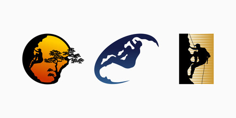 A collection of rock climbing logo designs, silhouettes of people climbing cliffs blending with nature in a creative concept