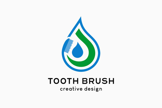Toothbrush or tooth cleaning logo design, toothbrush icon with creative concept in water drops
